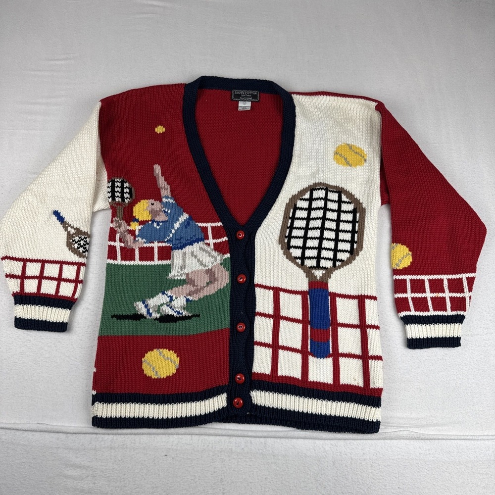 VTG South Cotton Hand Loomed Tennis Cardigan Sweater women Med 80s Preppy